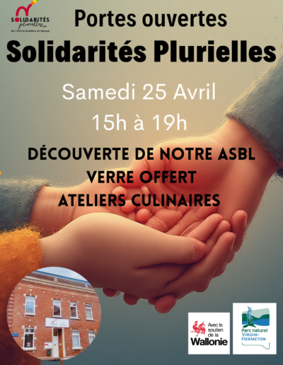 Le samedi 25 avril, de 15h à 19h, l’ASBL Solidarités Plurielles vous ouvre ses portes à l’occasion d’une journée placée sous le signe de la découverte et de la convivialité, en collaboration avec le Parc Naturel Viroin-Hermeton.